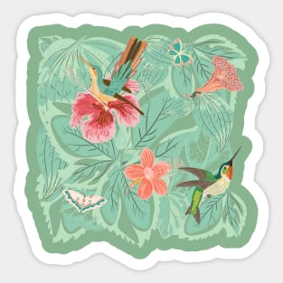 Hummingbird Hibiscus Butterflies Green leaves Vector Image Sticker